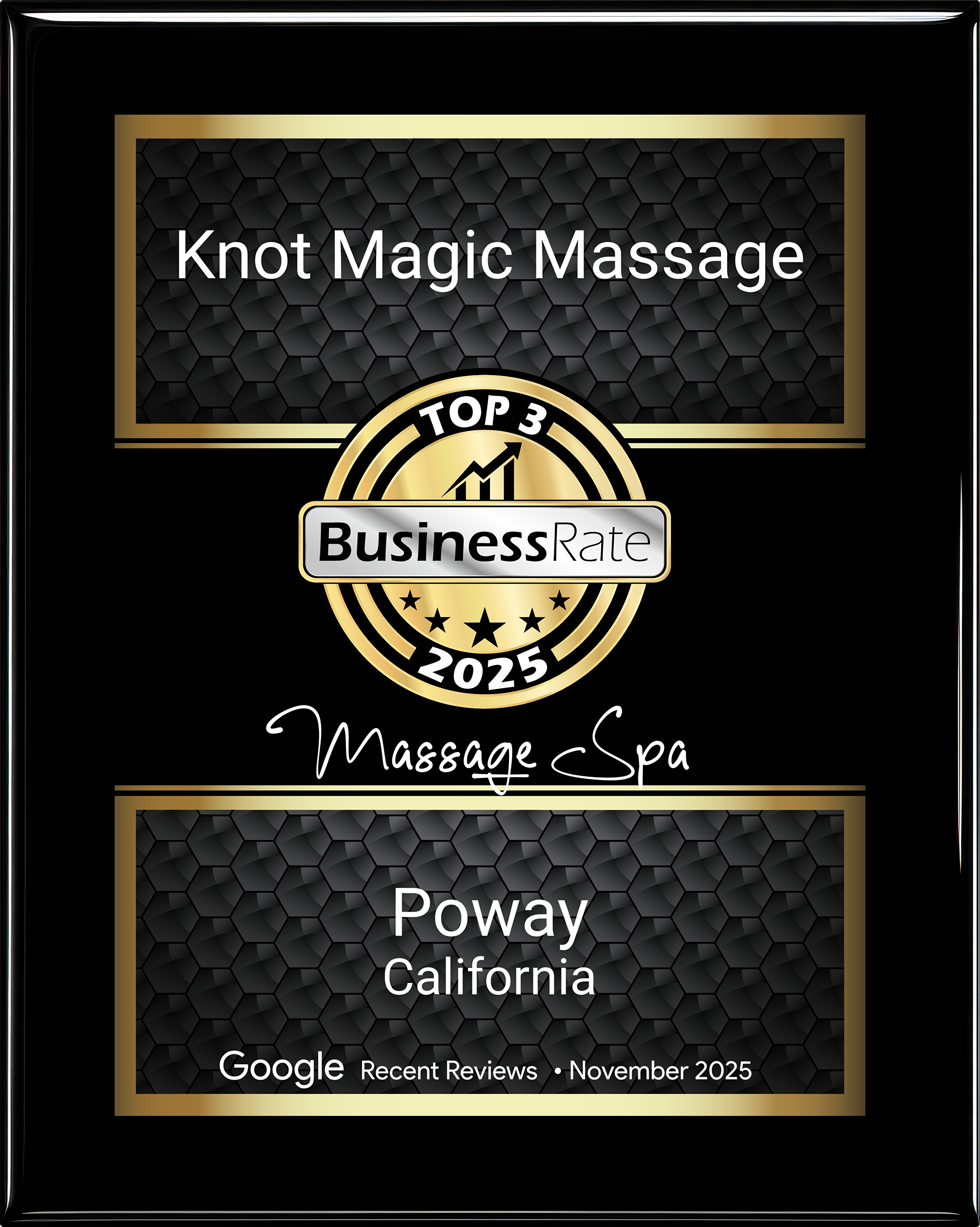 BusinessRate Top 3 Massage Spa 2025 award for Knot Magic Massage in Poway
